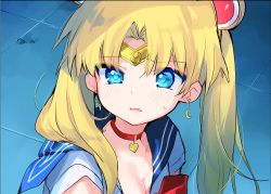 Rule 34 | 1girl, absurdres, bad id, bad twitter id, bishoujo senshi sailor moon, blonde hair, blue background, blue eyes, blue sailor collar, bow, bowtie, breasts, c2tiduru, choker, cleavage, crescent, crescent earrings, derivative work, earrings, from side, hair ornament, heart, heart choker, highres, jewelry, meme, parted bangs, parted lips, red bow, red bowtie, red choker, sailor collar, sailor moon, sailor moon redraw challenge (meme), school uniform, screenshot redraw, serafuku, solo, sweatdrop, tiara, tsukino usagi, twintails, upper body