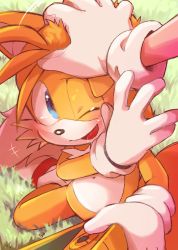 Rule 34 | 2boys, animal nose, blue eyes, fox boy, furry, furry male, gloves, headpat, highres, male focus, misuta710, multiple boys, one eye closed, open mouth, smile, sonic (series), sonic the hedgehog, tails (sonic), white gloves