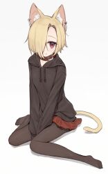 Rule 34 | 1girl, 3:, animal collar, animal ear fluff, animal ears, between legs, black hoodie, black pantyhose, blonde hair, cat ears, cat girl, cat tail, closed mouth, collar, collarbone, drawstring, ear piercing, eyelashes, fang, fang out, grey background, hair over one eye, hand between legs, highres, hood, hood down, hoodie, idolmaster, idolmaster cinderella girls, kemonomimi mode, legs, light blush, long bangs, long sleeves, looking at viewer, miniskirt, multiple piercings, no shoes, one eye covered, own hands together, pantyhose, parted bangs, piercing, pleated skirt, red collar, red eyes, red skirt, shirasaka koume, shone, short hair, simple background, sitting, skirt, solo, split mouth, tail, v arms, wariza, yellow tail