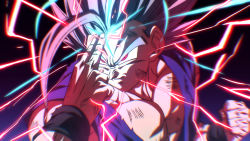 Rule 34 | 1boy, aura, battle damage, clenched hand, closed mouth, command input, dougi, dragon ball, dragon ball super, dragon ball super super hero, electricity, finger on forehead, gohan beast, grey hair, makankousappou, male focus, muscular, muscular male, red eyes, red sash, rom (20), sash, serious, solo, son gohan, standing, torn clothes