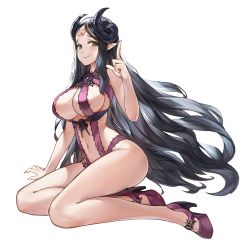 Rule 34 | bare legs, bare shoulders, black hair, breasts, demon, demon girl, demon horns, eyebrows, facial mark, forehead mark, full body, green eyes, high heels, horns, king&#039;s raid, large breasts, long hair, looking at viewer, navel, official art, pointing, pointy ears, purple footwear, purple sweater, red pupils, revealing clothes, shamilla (king&#039;s raid), sitting, smile, solo, sweater, swimsuit, transparent background, very long hair, wavy hair