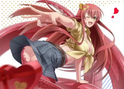 Rule 34 | 10s, 1girl, absurdres, ass, belt, blush, box, breasts, cleavage, fang, gift, gift box, hair ornament, hairclip, heart, highres, kagiyama (clave), lamia, large breasts, long hair, miia (monster musume), monster girl, monster musume no iru nichijou, motion blur, one eye closed, open mouth, pointy ears, polka dot, polka dot background, red hair, scales, skirt, slit pupils, smile, solo, valentine, yellow eyes