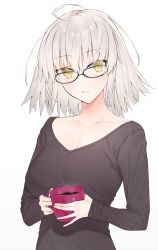 Rule 34 | 1girl, ahoge, bespectacled, black-framed eyewear, black shirt, breasts, cleavage, closed mouth, coffee, coffee mug, collarbone, commentary request, cup, fate/grand order, fate (series), glasses, hayashi kewi, holding, holding cup, jeanne d&#039;arc (fate), jeanne d&#039;arc alter (avenger) (fate), jeanne d&#039;arc alter (fate), large breasts, long sleeves, looking at viewer, mug, shirt, short hair, silver hair, simple background, sleeves past wrists, solo, steam, upper body, white background, yellow eyes
