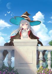 Rule 34 | 1girl, against railing, azuuru, bird, black cape, black hat, blue bow, blue eyes, blue hat, blue sky, blush, bow, braid, bush, cape, cloud, commentary, crossed arms, elaina (majo no tabitabi), flower, hair bow, hat, highres, leaning forward, long hair, looking at viewer, majo no tabitabi, moon, open mouth, pink flower, railing, sky, smile, solo, talisman, tree, two-sided fabric, two-sided headwear, white hair, witch hat
