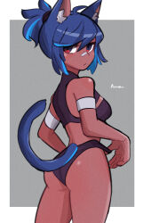 Rule 34 | 1girl, amazu (kurozu), animal ear fluff, animal ears, aoi (amazu), ass, bare shoulders, blue eyes, blue hair, breasts, cat ears, cat girl, cat tail, closed mouth, dark-skinned female, dark skin, from behind, grey background, hair between eyes, highres, looking at viewer, looking back, medium breasts, original, ponytail, red eyes, signature, solo, standing, tail, two-tone background, white background