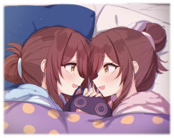 Rule 34 | 2girls, arakumachikano, bed, bed sheet, blush, debi tarou, eye contact, face-to-face, facing another, forehead-to-forehead, from above, futon, hair between eyes, hair bun, hair ribbon, heads together, idolmaster, idolmaster shiny colors, long hair, looking at another, lying, multiple girls, official alternate costume, official alternate hairstyle, on bed, on side, open mouth, osaki amana, osaki tenka, pajamas, pillow, red hair, ribbon, siblings, single hair bun, sisters, smile, stuffed toy, swept bangs, twins, under covers, yellow eyes