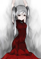 Rule 34 | 1girl, arms up, dress, kazuoki, long hair, navel, original, red dress, red eyes, silver hair, smile, solo, twintails