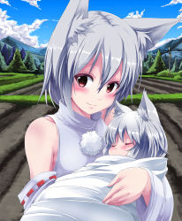 Rule 34 | 1girl, animal ears, baby, bare shoulders, blush, detached sleeves, highres, inubashiri momiji, mother and child, mother and daughter, noa (nagareboshi), red eyes, short hair, silver hair, sleeping, smile, tail, touhou, wolf ears, wolf tail