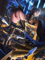 Rule 34 | 1girl, animal ears, ass, black footwear, black gloves, black legwear, boots, building, unworn cape, cat tail, cityscape, garter straps, gloves, high heel boots, high heels, jewelry, kunai, leaning forward, legend of the cryptids, lipstick, looking at viewer, makeup, necklace, nera (loc), outdoors, scarf, shuichi wada, silver hair, standing, standing on one leg, tail, tower, underwear, watermark, weapon