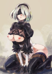 Rule 34 | 1girl, bad id, bad pixiv id, black thighhighs, blindfold, breasts, cleavage cutout, clothing cutout, hairband, large breasts, leotard, nier:automata, nier (series), nipples, open mouth, short hair, silver hair, solo, squatting, thighhighs, yohane, 2b (nier:automata)