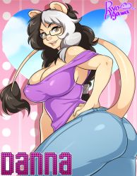 Rule 34 | 1girl, agawa ryou, animal ears, artist name, bare shoulders, black hair, breasts, brown eyes, copyright request, curvy, denim, female focus, glasses, jeans, large breasts, lion ears, lion tail, multicolored hair, pants, silver hair, solo, standing, tail