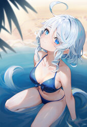 Rule 34 | 1girl, absurdres, ahoge, alternate costume, arm support, bare arms, bare shoulders, beach, bikini, blue bikini, blue eyes, blue hair, blurry, blush, breasts, closed mouth, collarbone, commentary, commentary request, depth of field, english commentary, eyelashes, front-tie top, furina (genshin impact), genshin impact, hahany, hair between eyes, halterneck, highres, korean commentary, long hair, looking at viewer, looking up, medium breasts, mismatched pupils, mixed-language commentary, multicolored hair, navel, outdoors, ponytail, revision, sand, shallow water, sidelocks, signature, sitting, sitting on water, smile, solo, spoilers, stomach, string bikini, swimsuit, thighs, two-tone hair, very long hair, water, wet, white hair