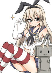 Rule 34 | 10s, 1girl, anchor, black panties, blonde hair, blush, elbow gloves, gloves, hair ornament, hairband, kantai collection, long hair, looking at viewer, panties, personification, rensouhou-chan, shimakaze (kancolle), skirt, smile, socks, solo, striped clothes, striped socks, striped thighhighs, thighhighs, tsukudani norio, underwear, v, white gloves