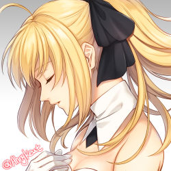 Rule 34 | 1girl, ahngkeut, ahoge, artoria pendragon (all), artoria pendragon (fate), bare shoulders, black bow, blonde hair, blush, bow, breasts, cleavage, detached collar, fate/unlimited codes, fate (series), from side, gloves, gradient background, grey background, hair bow, hand on own chest, long hair, parted lips, ponytail, profile, saber lily, sidelocks, smile, solo, strapless, twitter username, upper body, white gloves