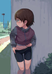 Rule 34 | 1girl, absurdres, bike shorts, blue sky, blush, clear sky, clothes lift, clothes pull, day, girls und panzer, highres, isobe noriko, jacket, jacket lift, lifting own clothes, long sleeves, mouth hold, outdoors, plant, profie, profile, pulling own clothes, shorts, shorts pull, sky, solo, standing, tampon, track jacket, zhongye yu