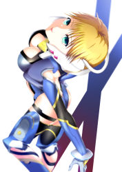 Rule 34 | 1girl, ass, blonde hair, blue leotard, breasts, cyborg, feet out of frame, fiora (xenoblade), from behind, green eyes, highres, leotard, looking at viewer, looking up, magicalbroom, mecha-fiora, mecha-fiora (speed cowling), medium breasts, short hair, solo, thighhighs, white background, xenoblade chronicles 1, xenoblade chronicles (series)