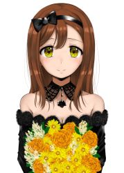 Rule 34 | 10s, 1girl, bare shoulders, black bow, blush, bouquet, bow, breasts, brown hair, cleavage, closed mouth, detached collar, flower, hair between eyes, hairband, kunikida hanamaru, long hair, looking at viewer, love live!, love live! sunshine!!, rocha (aloha ro cha), simple background, small breasts, smile, solo, upper body, white background, yellow eyes