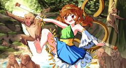 Rule 34 | 1girl, :d, animal ears, barefoot, blue dress, breasts, brown eyes, brown hair, circlet, commentary, dress, english commentary, green dress, highres, holding, holding staff, leg up, long hair, medium breasts, monkey, monkey girl, monkey tail, multicolored clothes, multicolored dress, open mouth, outdoors, sachisudesu, sideboob, single sleeve, single strap, smile, soles, solo, son biten, staff, tail, touhou, tree, twintails, water, waterfall, white sleeves, yellow dress