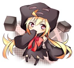 Rule 34 | 1girl, ahoge, aya usagi, blonde hair, blush, bow, chibi, detached sleeves, enderman, hand to own mouth, hood, hoodie, long hair, lowres, minecraft, personification, red eyes, ribbon, smile, solo, tosura-ayato, twintails, very long hair