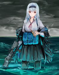 Rule 34 | 1girl, artist name, black gloves, black jacket, black pantyhose, black skirt, blue hair, breasts, bullet, closed mouth, clothes pull, fur-trimmed jacket, fur trim, girls&#039; frontline, gloves, gun, hairband, highres, holding, holding bullet, holding gun, holding weapon, jacket, jacket pull, lithographica, long hair, looking at viewer, neck ribbon, pantyhose, red eyes, red ribbon, ribbon, shirt, single glove, skirt, solo, standing, suspender skirt, suspenders, thunder (girls&#039; frontline), water, weapon, white shirt