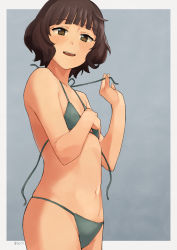 Rule 34 | 1girl, banned artist, bikini, blunt bangs, blush, brown eyes, brown hair, commentary, flat chest, grey bikini, hand on own chest, kantai collection, kishinami (kancolle), looking at viewer, makio (makiomeigenbot), no pupils, parted lips, short hair, signature, simple background, solo, swimsuit, symbol-only commentary, two-tone background, untied bikini