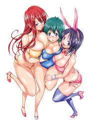 Rule 34 | 3girls, abe tsukumo, animal ears, bare legs, bikini, blush, bow, bowtie, breast press, breasts, cleavage, clenched teeth, detached collar, embarrassed, fake animal ears, female focus, fff threesome, glasses, grabbing, grabbing another&#039;s breast, green hair, grin, group hug, group sex, hair ornament, hairband, hairclip, happy, high heels, hug, huge breasts, large breasts, leg grab, legs, long hair, looking at viewer, multiple girls, one-piece swimsuit, open mouth, original, purple eyes, purple hair, rabbit ears, red hair, shoes, short hair, shy, side-tie bikini bottom, simple background, smile, swimsuit, teeth, thighhighs, threesome, tsukumo-abe, white background, wrist cuffs, yuri