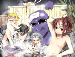 Rule 34 | 4boys, anger vein, animal, ao oni, bathing, black eyes, blonde hair, blood, blue oni, blue skin, blush, bottle, cat, collarbone, colored skin, emia, emia (castilla), fence, glasses, grey eyes, grey hair, hiroshi (ao oni), looking at another, male focus, monster, multiple boys, naoki (ao oni), nosebleed, nude, oni, onsen, parted bangs, partially submerged, plant, plate, purple skin, red eyes, red hair, resized, rock, same-sex bathing, shared bathing, short hair, sitting, sweat, tail, takeshi (ao oni), takurou (ao oni), teardrop, tears, the oni (ao oni), water