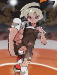 Rule 34 | 1girl, barefoot, bea (pokemon), black bodysuit, bodysuit, breasts, censored, closed mouth, creatures (company), crop top, expressionless, feet, game freak, hairband, leg up, looking at viewer, nintendo, object insertion, pokemon, pokemon swsh, purple eyes, pussy, short hair, short sleeves, silver hair, skin tight, small breasts, solo, standing, standing on one leg, sweat, torn bodysuit, torn clothes, uenoshita sayuu, vaginal, vaginal object insertion