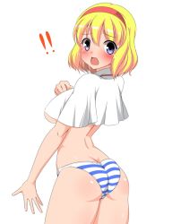 Rule 34 | !, !!, 1girl, alice margatroid, arched back, ass, bad id, bad pixiv id, blonde hair, blue eyes, blue panties, blush, breasts, capelet, embarrassed, female focus, hairband, kyokutou hentai samurai, large breasts, open mouth, panties, panties only, short hair, solo, striped clothes, striped panties, surprised, tears, topless, touhou, underboob, underwear, underwear only