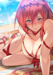 Rule 34 | 1girl, bare shoulders, beach, bikini, blue eyes, blue sky, blush, breasts, cleavage, closed mouth, collarbone, day, godsworn alexiel, granblue fantasy, hair between eyes, hair ornament, highres, kakage, large breasts, lens flare, long hair, looking at viewer, ocean, red hair, red ribbon, ribbon, sky, smile, solo, sunlight, swimsuit, thighs, very long hair, wet, white bikini
