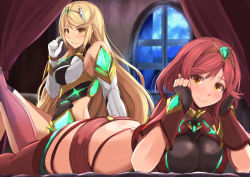 Rule 34 | 2girls, armor, ass, bed, blonde hair, blush, breasts, butt crack, cleavage, cleavage cutout, clothing cutout, covered navel, dress, earrings, fingerless gloves, gem, gloves, hands on own face, headpiece, jewelry, kanzaki kureha, large breasts, legs, long hair, looking at viewer, lying, multiple girls, mythra (xenoblade), night, nintendo, on stomach, pyra (xenoblade), red eyes, red hair, red shorts, short hair, short shorts, shorts, shoulder armor, sitting, smile, staring, swept bangs, the pose, thigh strap, thighhighs, tiara, very long hair, window, xenoblade chronicles (series), xenoblade chronicles 2, yellow eyes