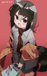 Rule 34 | alternate costume, animal ears, bag, black skirt, blue eyes, blush, casual, commentary request, common raccoon (kemono friends), extra ears, from above, grey hair, grey jacket, highres, jacket, kemono friends, long sleeves, looking at viewer, multicolored hair, nanana (nanana iz), open mouth, pleated skirt, raccoon ears, raccoon girl, raccoon tail, red sweater, shawl, short hair, skirt, solo, sweater, tail, turtleneck, turtleneck sweater