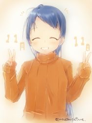 Rule 34 | 1girl, alternate costume, artist name, blue hair, closed eyes, commentary request, dated, double v, kantai collection, long hair, long sleeves, mae (maesanpicture), notice lines, orange sweater, samidare (kancolle), simple background, smile, solo, sweater, swept bangs, upper body, v, very long hair, white background