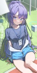 Rule 34 | 1girl, absurdres, blue archive, blue eyes, clothes pull, highres, jacket, jacket pull, long hair, looking at viewer, ningen mame, open clothes, open jacket, purple hair, short sleeves, sitting, solo, yuuka (blue archive)