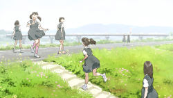 Rule 34 | 6+girls, ankle socks, bridge, commentary, dress, grass, highres, kneehighs, levee, long hair, looking back, multiple girls, original, pinafore dress, ponytail, road sign, running, school uniform, short hair, short twintails, sign, sleeveless dress, smile, socks, stairs, tnt (aaaazzzz), twintails, walking, waving