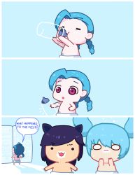 Rule 34 | 3girls, aged down, ahri (league of legends), baby, blue hair, comic, diaper, highres, jinx (league of legends), league of legends, milk, multiple girls, pink eyes, simple background, sona (league of legends), tattoo