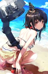 Rule 34 | 10s, 1girl, alternate costume, amagai tarou, back, beach, bikini, black hair, blush, breasts, cannon, day, floral print, flower, from behind, from side, hair flower, hair ornament, headband, highres, kantai collection, looking at viewer, medium breasts, ocean, outdoors, pointing, pointing at viewer, red eyes, sandals, sarong, short hair, side-tie bikini bottom, solo, squatting, swimsuit, thighs, twitter username, water, wet, white bikini, yamashiro (kancolle)