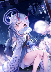 Rule 34 | 1girl, absurdres, blue archive, blue hair, cherry blossoms, chise (blue archive), chosunbe, commentary request, covering own mouth, detached sleeves, evening, flower, hair flower, hair ornament, halo, hand fan, highres, horns, japanese clothes, legs, looking at viewer, oni horns, paper fan, red eyes, solo