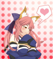 Rule 34 | 10s, 1girl, :3, animal ears, bare shoulders, bow, breasts, cleavage, detached sleeves, fate/extra, fate (series), fox ears, fox tail, hair bow, hair ribbon, heart, long hair, pesu (penpen), pink hair, ribbon, sleeves past wrists, solo, spoken heart, tail, tamamo no mae (fate/extra), twintails, yellow eyes