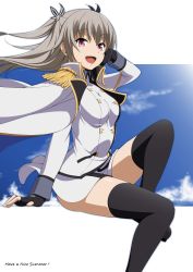 Rule 34 | 10s, 1girl, :d, black thighhighs, butterfly hair ornament, cloud, commentary request, english text, epaulettes, eyebrows, fingerless gloves, gloves, grey hair, hair ornament, hand on own face, highres, impossible clothes, jacket, jacket on shoulders, leg up, long hair, looking at viewer, military jacket, open mouth, pink eyes, qualidea code, revision, sa no hi ra mugi, shochuumimai, sitting, smile, solo, tenkawa maihime, thighhighs, two side up, wind, wind lift