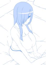 Rule 34 | 1girl, bed, blue theme, breasts, cleavage, hair over one eye, highres, huge breasts, indian style, long hair, looking at viewer, monochrome, nao (ritsancrossover), original, pai-chan (naozuri), panties, pillow, sitting, solo, tank top, underwear