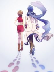 Rule 34 | 1boy, 1girl, akiyoshi (tama-pete), back turned, bare arms, bare legs, blue coat, blue footwear, blue hair, blue scarf, boots, brown footwear, brown hair, brown pants, clenched hands, coat, floating, footprints, hand on own hip, kaito (vocaloid), long sleeves, looking at another, meiko (vocaloid), pants, red skirt, red tank top, scarf, shirt, short hair, side-by-side, simple background, skirt, tank top, vocaloid, walking, white background, white coat
