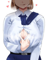 Rule 34 | 1girl, after paizuri, blonde girl (okpriko), blonde hair, blue necktie, blue skirt, breasts, closed mouth, collared shirt, commentary, cum, cum on body, cum on breasts, cum on upper body, dress shirt, english commentary, head out of frame, heart, highres, huge breasts, necktie, neckwear lift, okpriko, original, partially unbuttoned, shirt, short hair, simple background, skirt, sleeve cuffs, solo, stray pubic hair, sweat, tongue, tongue out, white background, white shirt, wing collar