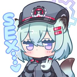Rule 34 | absurdres, animal ears, blue archive, blue hair, blush stickers, capelet, chibi, commentary request, empty eyes, english text, fur-trimmed capelet, fur trim, gloves, grey capelet, grey gloves, grey headwear, hair ornament, hairclip, hat, highres, jitome, light blue hair, neguse1233, no mouth, penetration gesture, shigure (blue archive), short hair, simple background, tail, upper body, weasel ears, weasel girl, weasel tail, white background