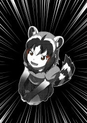 Rule 34 | 10s, 1girl, animal ears, bow, bowtie, brown eyes, commentary, common raccoon (kemono friends), emphasis lines, greyscale, halftone, highres, kaya (nari1-24), kemono friends, miniskirt, monochrome, open mouth, pantyhose, pleated skirt, puffy short sleeves, puffy sleeves, raccoon ears, raccoon tail, seiza, shirt, short hair, short sleeves, sitting, skirt, smile, solo, spot color, tail
