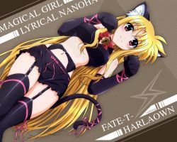 Rule 34 | 00s, 1girl, animal ears, bell, black gloves, black thighhighs, blonde hair, breasts, cat ears, cat tail, character name, copyright name, elbow gloves, fate testarossa, garter belt, gloves, lingerie, long hair, low-tied long hair, lyrical nanoha, mahou shoujo lyrical nanoha strikers, navel, paw pose, red eyes, smile, solo, tail, thighhighs, underwear, very long hair, wallpaper