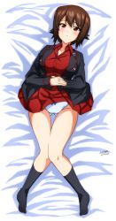 Rule 34 | 1girl, artist name, bed sheet, black jacket, black socks, blue panties, blush, bow, bow panties, brown eyes, brown hair, closed mouth, clothes lift, commentary, crotch seam, dated, dress shirt, from above, girls und panzer, gluteal fold, hands on stomach, highres, insignia, jacket, kuromorimine military uniform, legs, light frown, long sleeves, looking at viewer, lying, military, military uniform, miniskirt, nishizumi maho, on back, on bed, open clothes, open jacket, panties, pleated skirt, red shirt, red skirt, shirt, short hair, signature, skirt, skirt lift, socks, solo, tatsuya (guild plus), thigh gap, underwear, uniform, wing collar