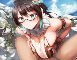 Rule 34 | 1boy, 1girl, armlet, bad id, bad pixiv id, bar censor, belko, blue eyes, blush, bracelet, breasts, breasts squeezed together, brown hair, censored, character request, closed mouth, cum, cum on body, cum on breasts, cum on upper body, day, green hair, hair ornament, hetero, jewelry, large breasts, long hair, multicolored hair, outdoors, paizuri, penis, sidelocks, solo focus, streaked hair, sweat, tenka hyakken, tsurime