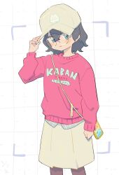 Rule 34 | 1girl, alternate costume, baseball cap, black hair, black pantyhose, blue eyes, blush, casual, clothes writing, commentary request, cowboy shot, glasses, grey shirt, hand on headwear, hat, highres, kaban (kemono friends), kemono friends, long sleeves, looking at viewer, lucky beast (kemono friends), pantyhose, red sweater, shirt, short hair, solo, sweater, wamawmwm