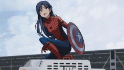 Rule 34 | 1girl, alternate costume, blue hair, blue sky, blurry, blurry background, bodysuit, captain america: civil war, captain america (series), captain america civil war, cloud, cosplay, covered collarbone, crossover, day, female focus, flat chest, full body, holding, holding shield, idolmaster, idolmaster (classic), kisaragi chihaya, knee up, kneeling, long hair, marvel, marvel cinematic universe, multicolored bodysuit, multicolored clothes, open mouth, outdoors, parody, shield, sky, solo, spider-man, spider-man (cosplay), star (symbol), taku1122, teeth, yellow eyes